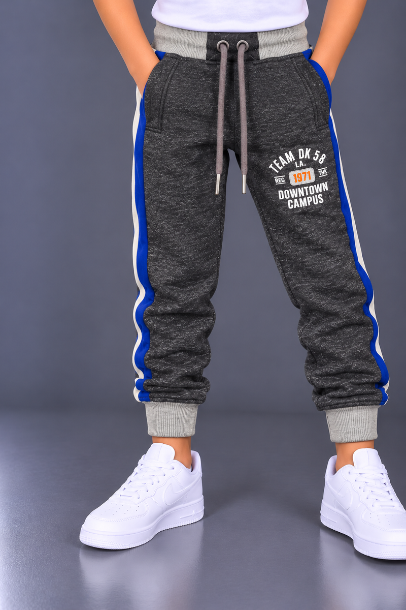 Boys Grey Melange Fleece Jogger Trouser with Blue Side Panels-MU332