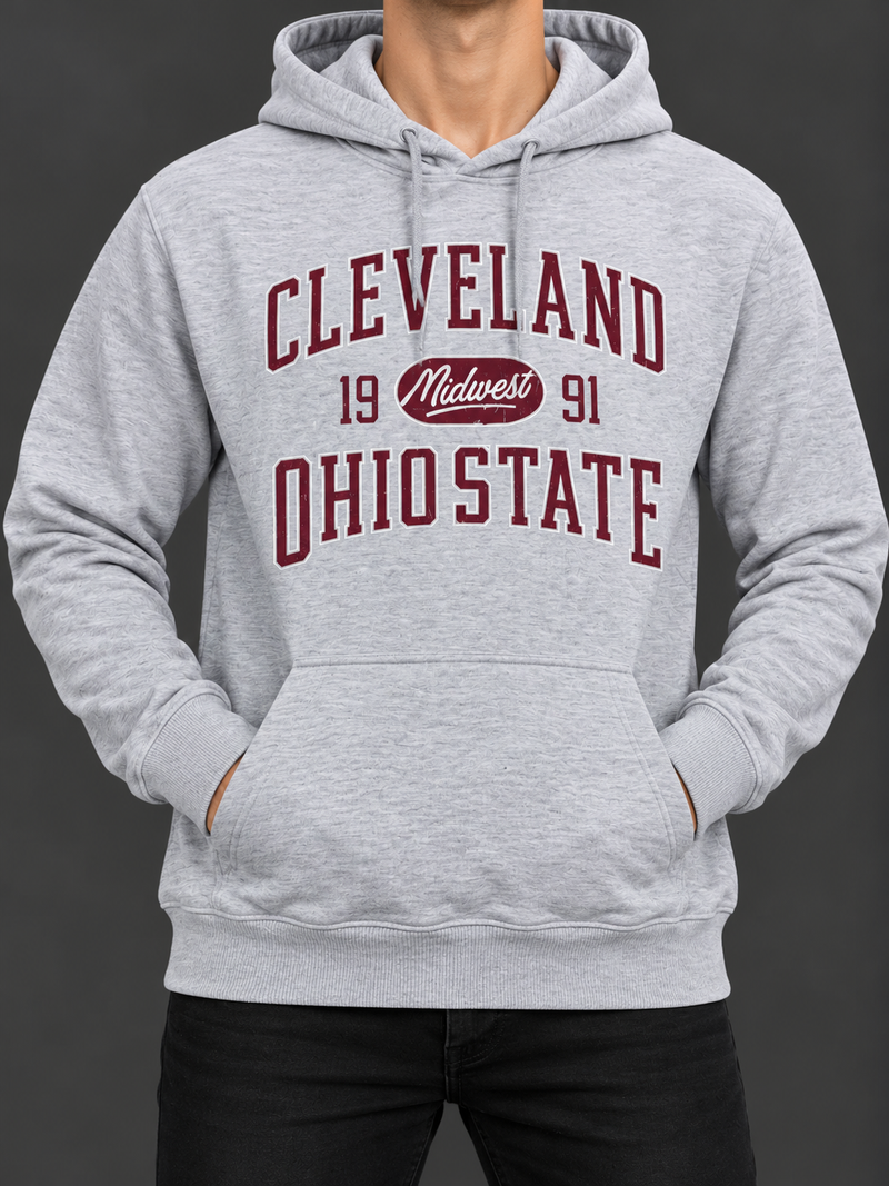 Men’s Cleveland Ohio State Graphic Printed Hoodie – Light Grey Pullover with Kangaroo Pocket-MU462
