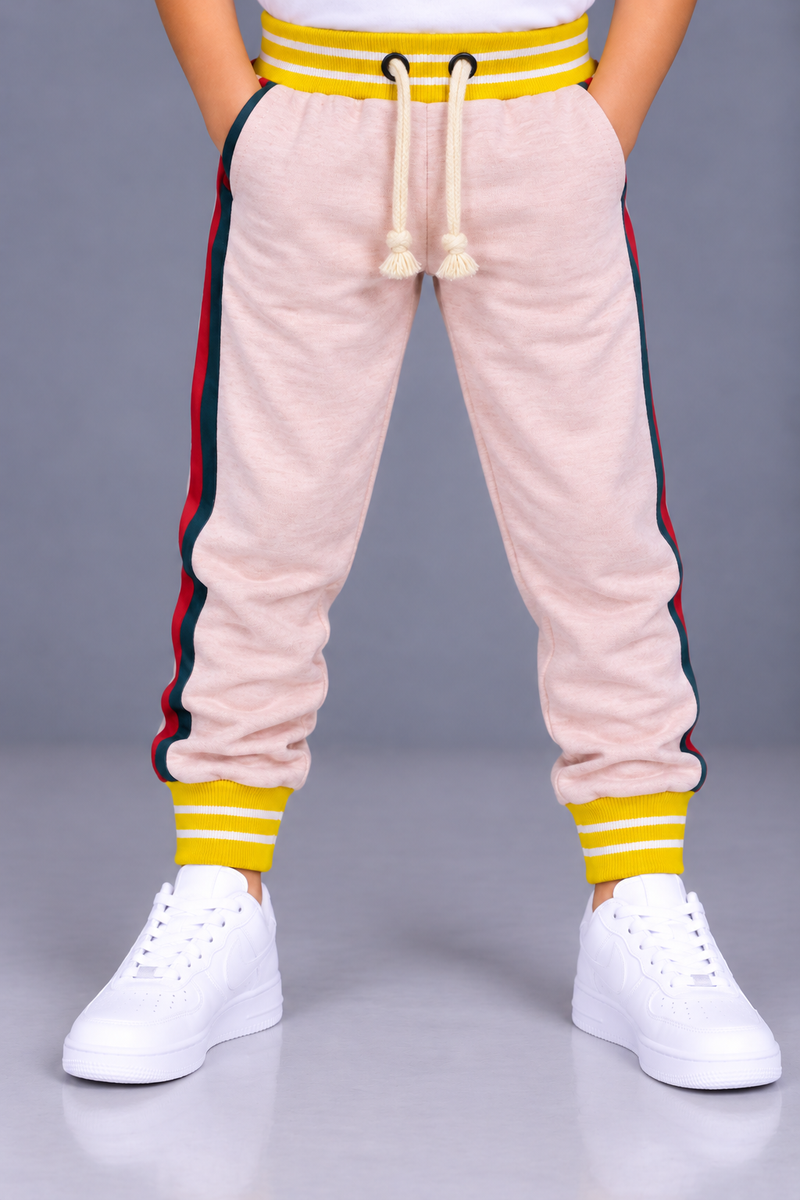 Kids’ Light Pink Jogger Trouser with Red & Green Side Panels – Yellow Striped Ribbed Cuffs-MU139