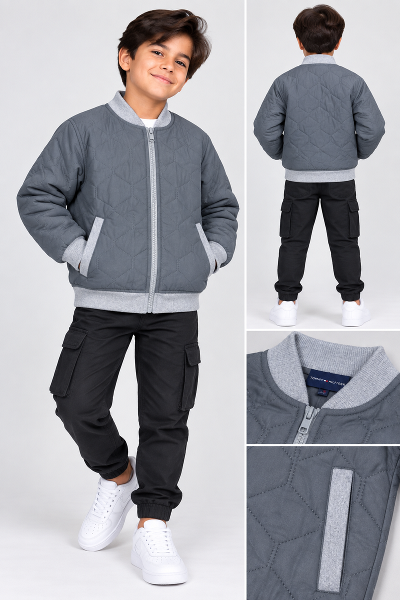 Mango Quilted Zipper Mock Neck Jacket For Kids light iron grey With mélange grey penal qw06