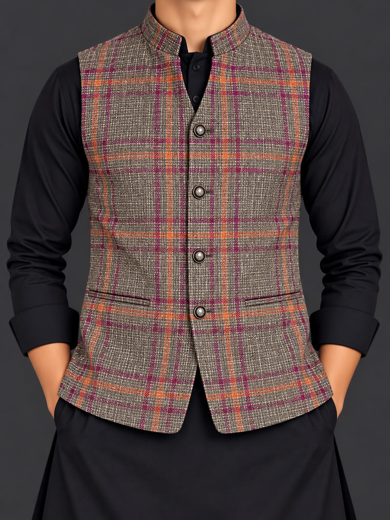 Men’s Premium Checked Tweed Waistcoat – Multicolor Plaid Design-MU498
