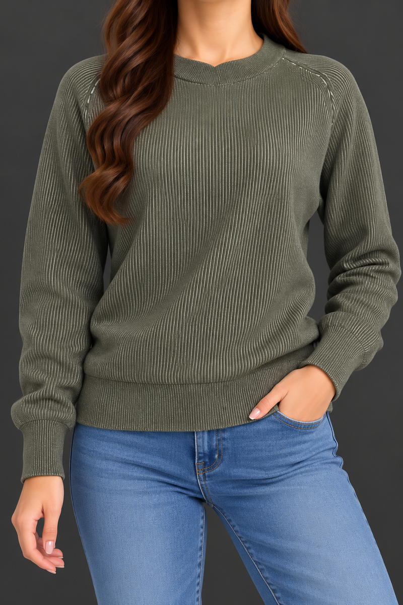 Women’s Olive Green Ribbed Knit Sweater – Full Sleeve Casual Pullover-MU391