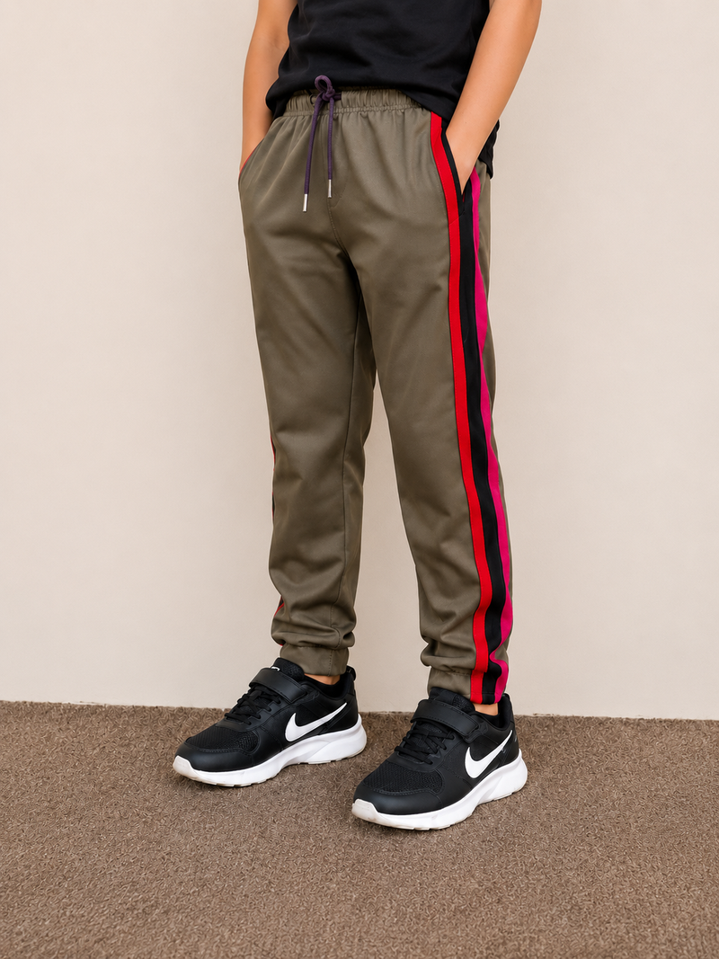 Premium Kids Lycra Trousers Olive Green with ,Side panal Stripe p6