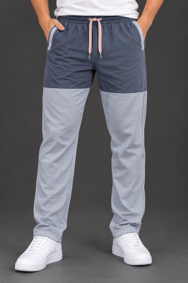 Men’s Two-Tone Striped Lounge Trousers – Drawstring Waist | Blue & Grey-MU443