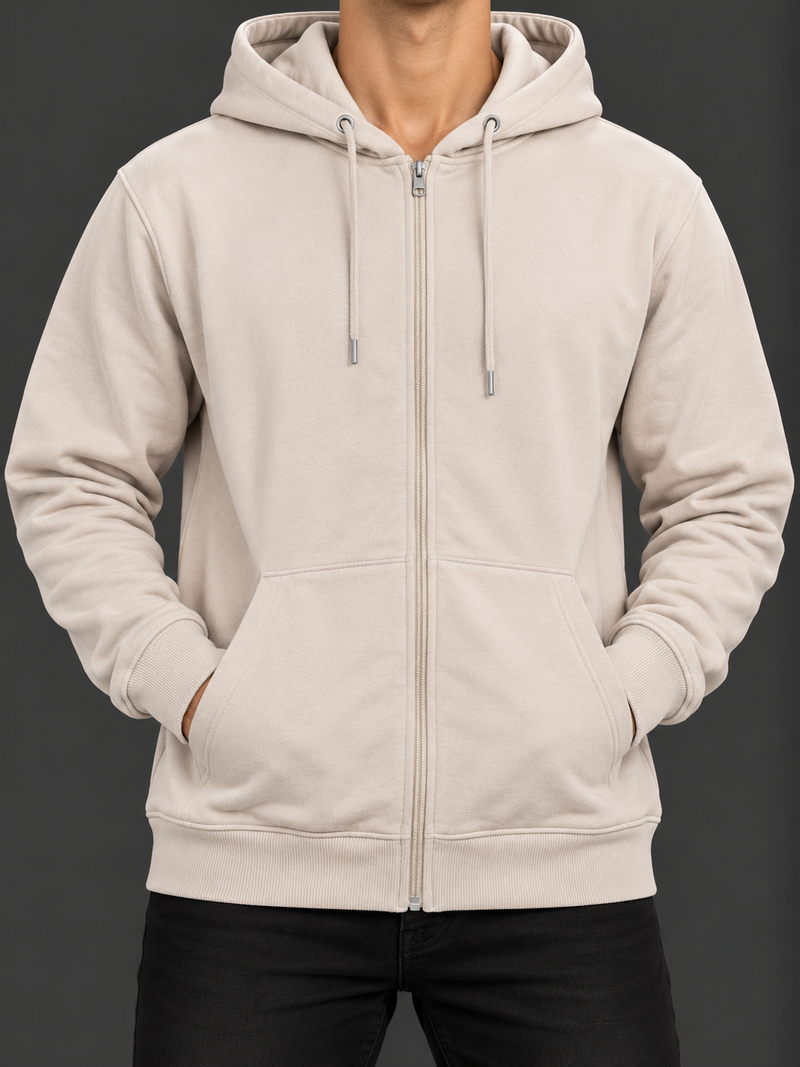 Men's Cream Beige Full-Zip Hoodie – Regular Fit Sweatshirt-MU465