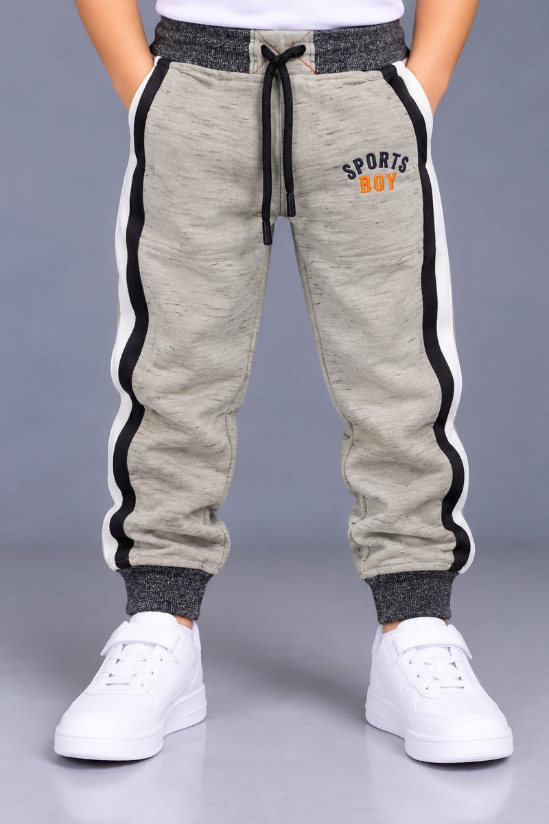 Kids Stylish Light Grey Melange Jogger Trouser with Black & White Side Stripes-MU112