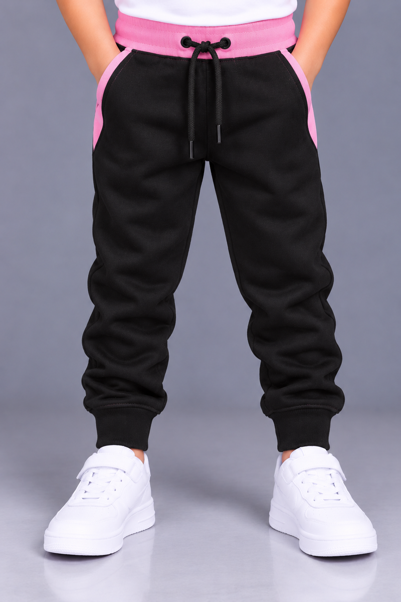 Kids Stylish Black Jogger Trouser with Pink Waistband & Pocket-Behind Panels-MU115