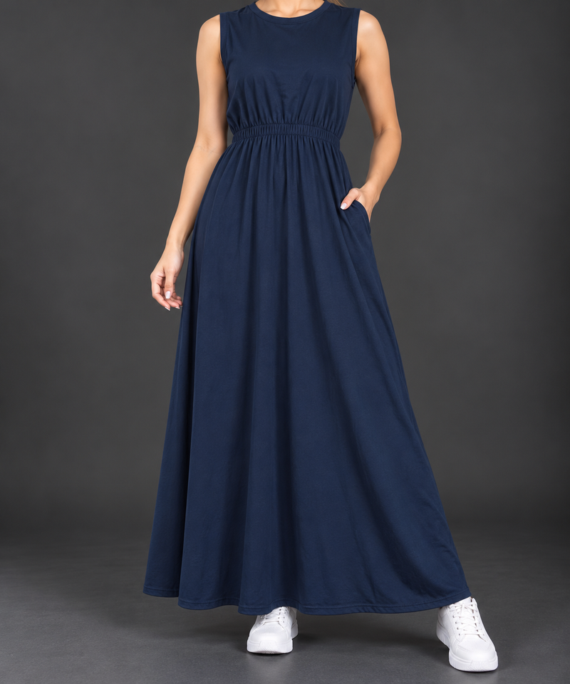 Women's Sleeveless Navy Blue Maxi Dress – Elegant Casual Wear-MU483