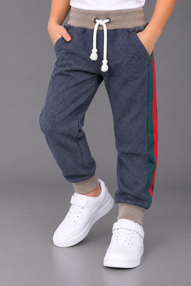 Kids Boys Single Jersey Textured Jogger Trouser – Navy Blue & Beige-MU260