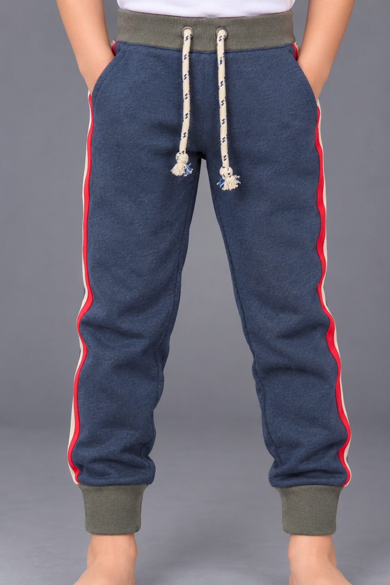Kids Navy Blue Fleece Jogger Trouser with Red Side Stripes & Olive Grey Cuffs-MU351