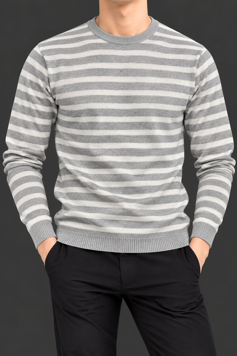Men’s Grey & White Striped Full Sleeve T-Shirt – Classic Round Neck Casual Wear-MU382