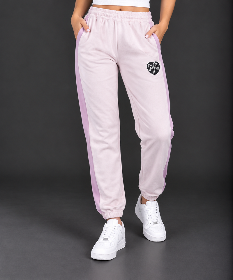 Women’s Light Pink Jogger Trousers with Lavender Side Stripes & MB Logo-MU482