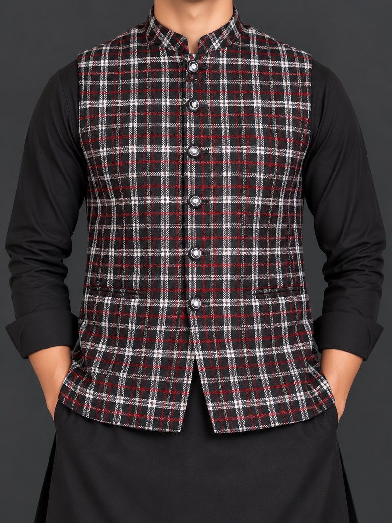 Men’s Premium Black Red Checkered Waistcoat with Straight Collar – Classic Traditional Style-MU491