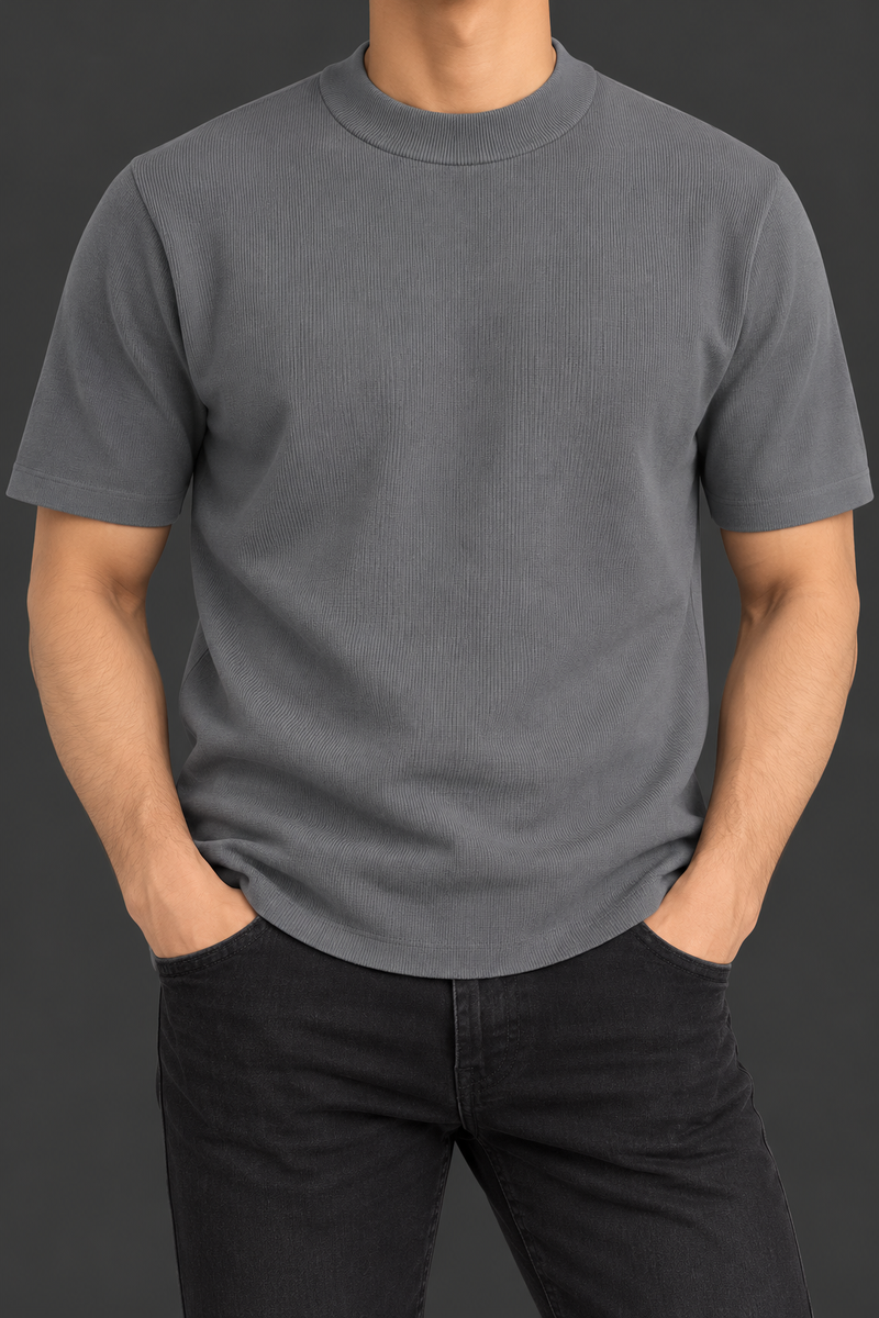 Men’s Grey Ribbed Knit Short Sleeve Shirt – Classic Crew Neck Casual Top-MU396