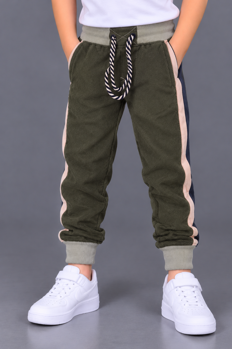 Kids Olive Green Side Panel Jogger Fleece Trouser-MU273