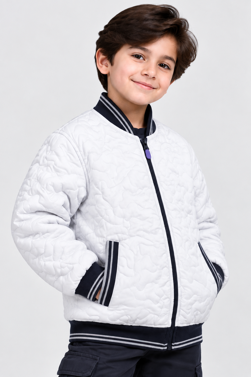 Mango Quilted Zipper Mock Neck Jacket For Kids white with black qw01