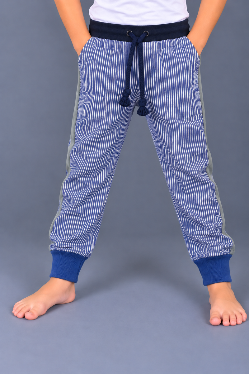 Kids Blue & White Striped Jogger Trouser with Contrast Side Panels-MU239