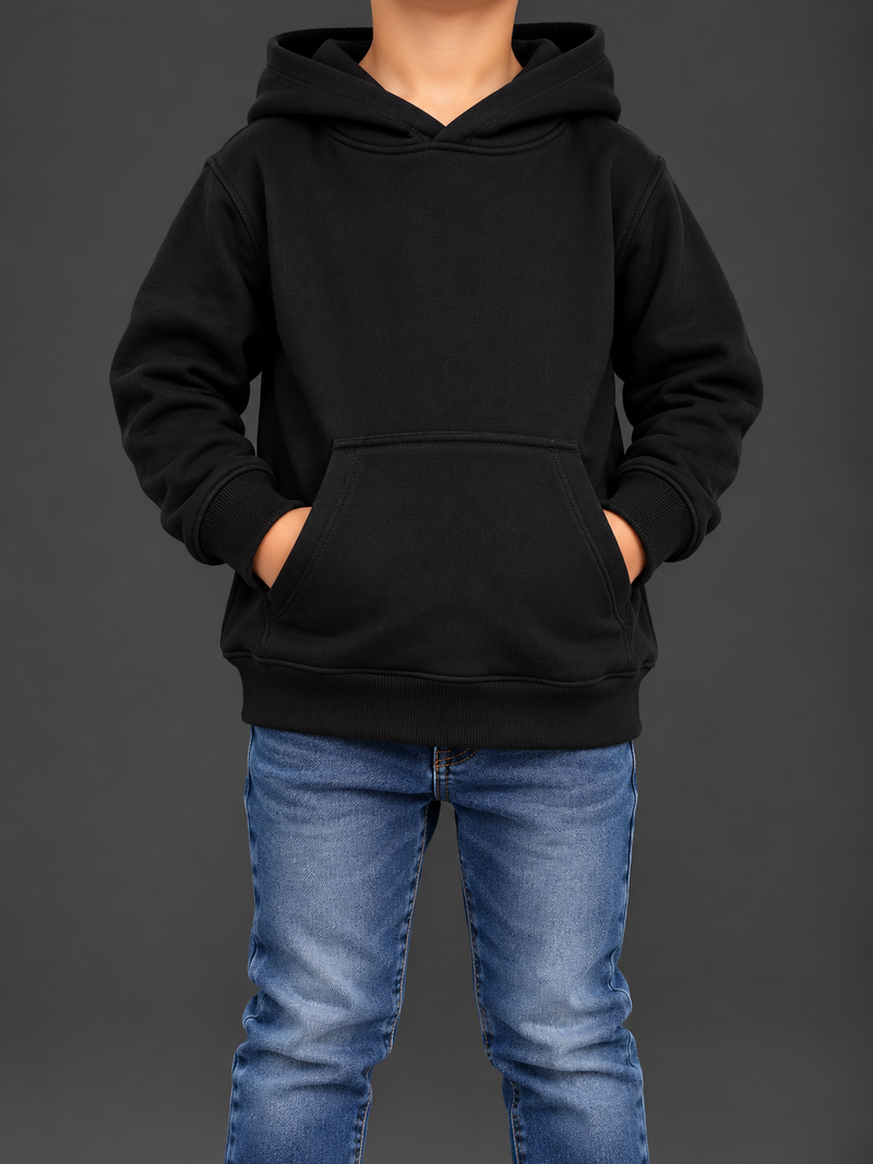 Kids’ Basic Black Pullover Hoodie – Kangaroo Pocket & Ribbed Cuffs-MU466
