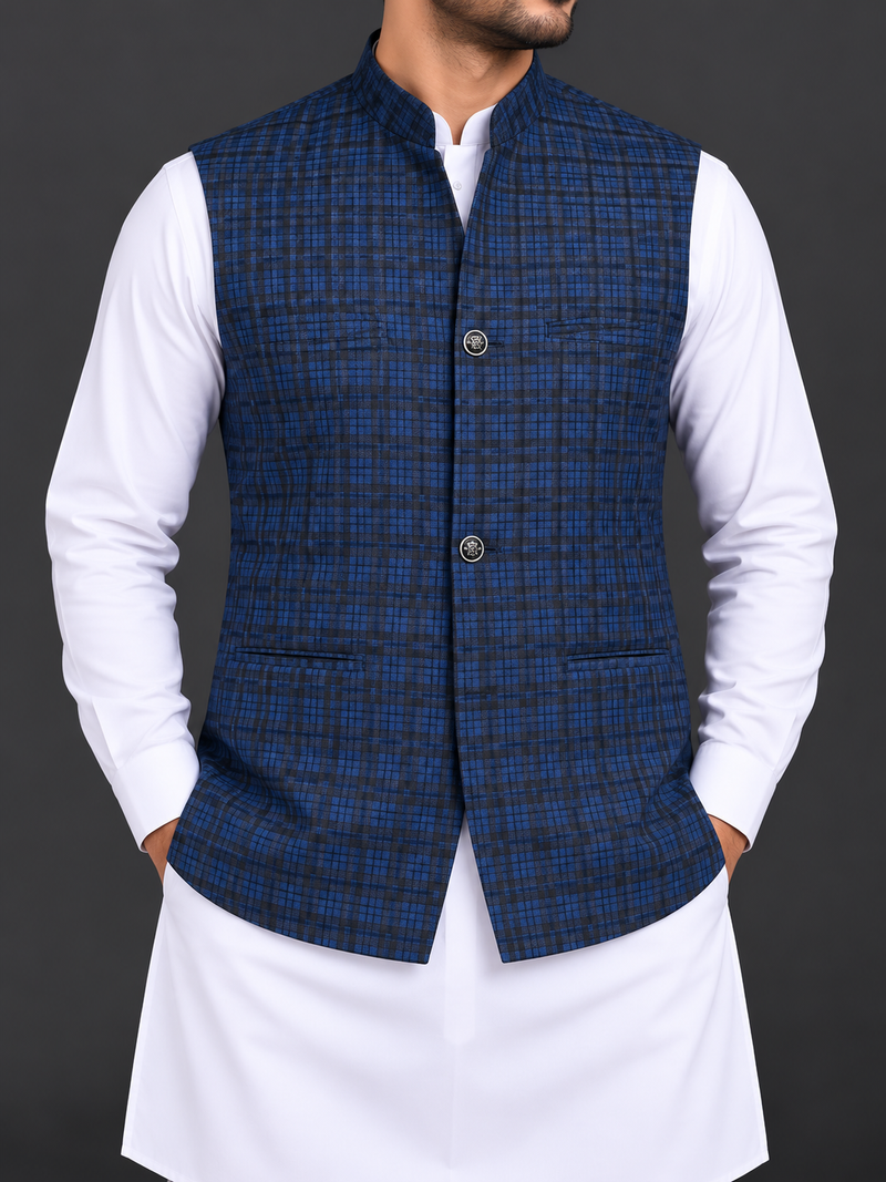 Men’s Premium Blue Checkered Waistcoat – Classic Traditional Style-M$26