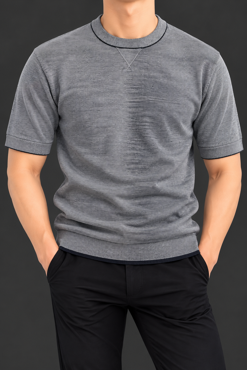 Men’s Grey & Black Striped Knit T-Shirt – Short Sleeve Casual Top-MU378