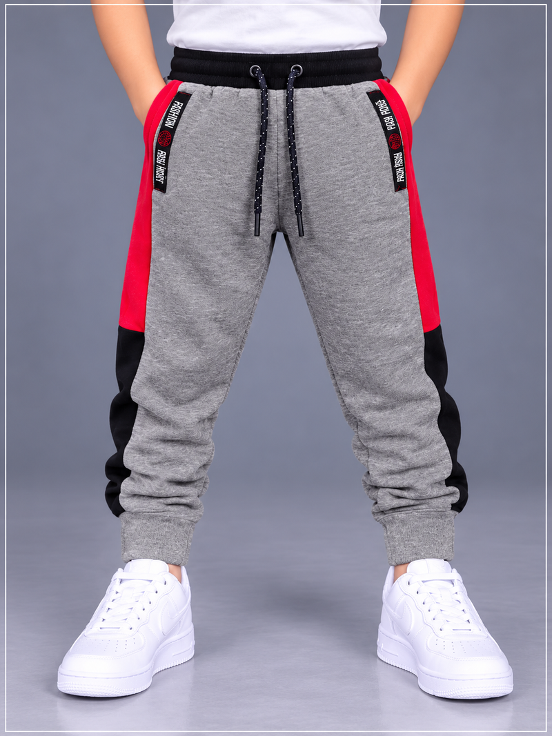 Kids’ Grey Jogger Trouser with Red & Black Side Panels – Regular Fit-MU133