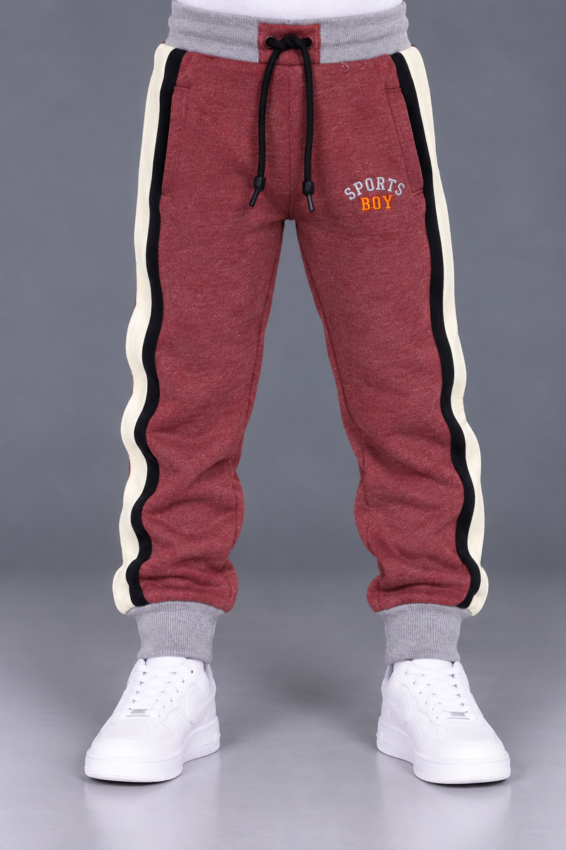 Kids’ Maroon Melange Jogger Trouser with Black & Cream Side Panels – Grey Ribbed Cuffs-MU166