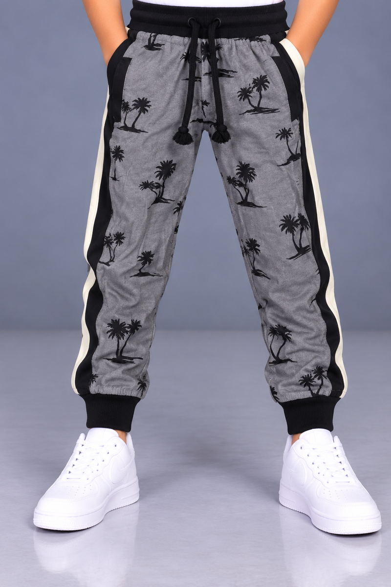 Kids’ Grey Palm Tree Print Jogger Trouser with Black & Cream Side Panels – Black Ribbed Cuffs-MU143