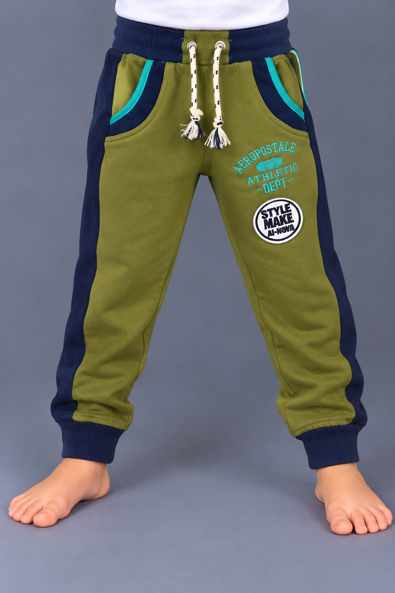 Kids Olive Green Jogger Trouser with Navy Blue Side Panels & Teal Pocket Detailing-MU245