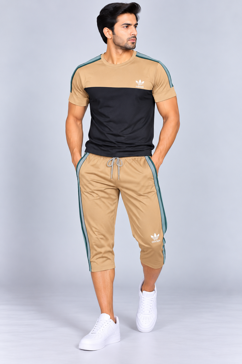 Summer Co Ord Set For Men- camel & Black-BE52