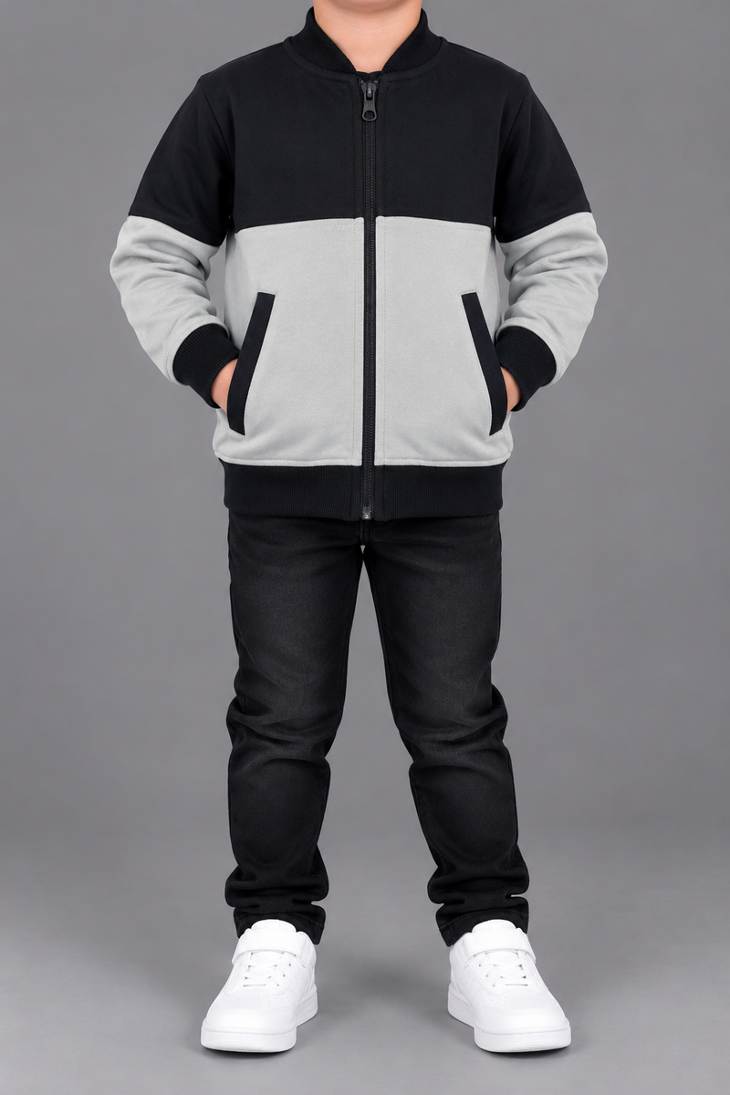 Kids Boys Black & Light Grey Color Block Zipper Jacket-MU428