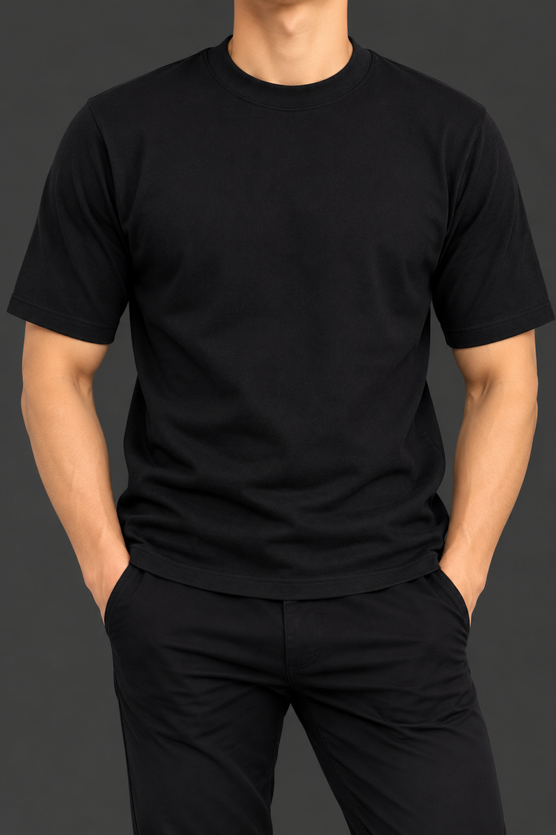Men’s Jet Black Plain Half-Sleeve T-Shirt – Classic Crew Neck Premium Casual Wear-MU365
