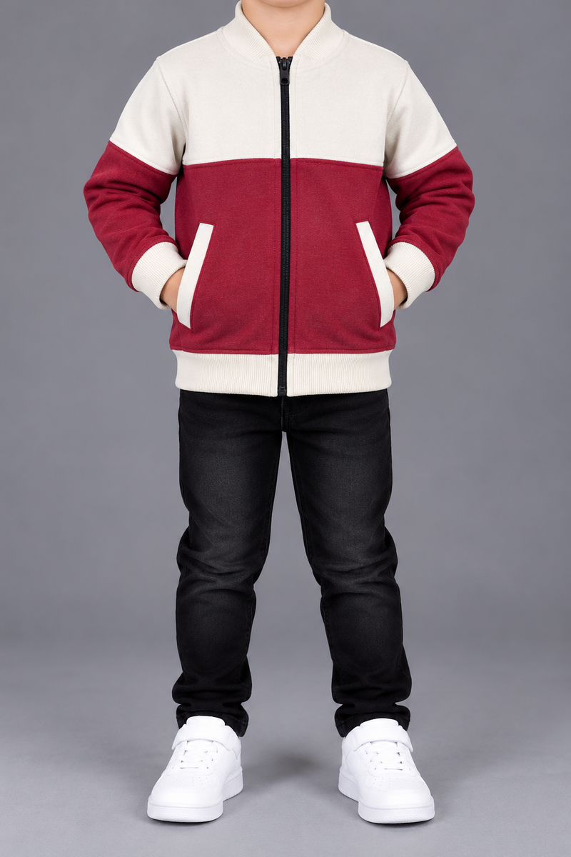 Kids Boys Maroon & Cream Color Block Zipper Jacket-MU432