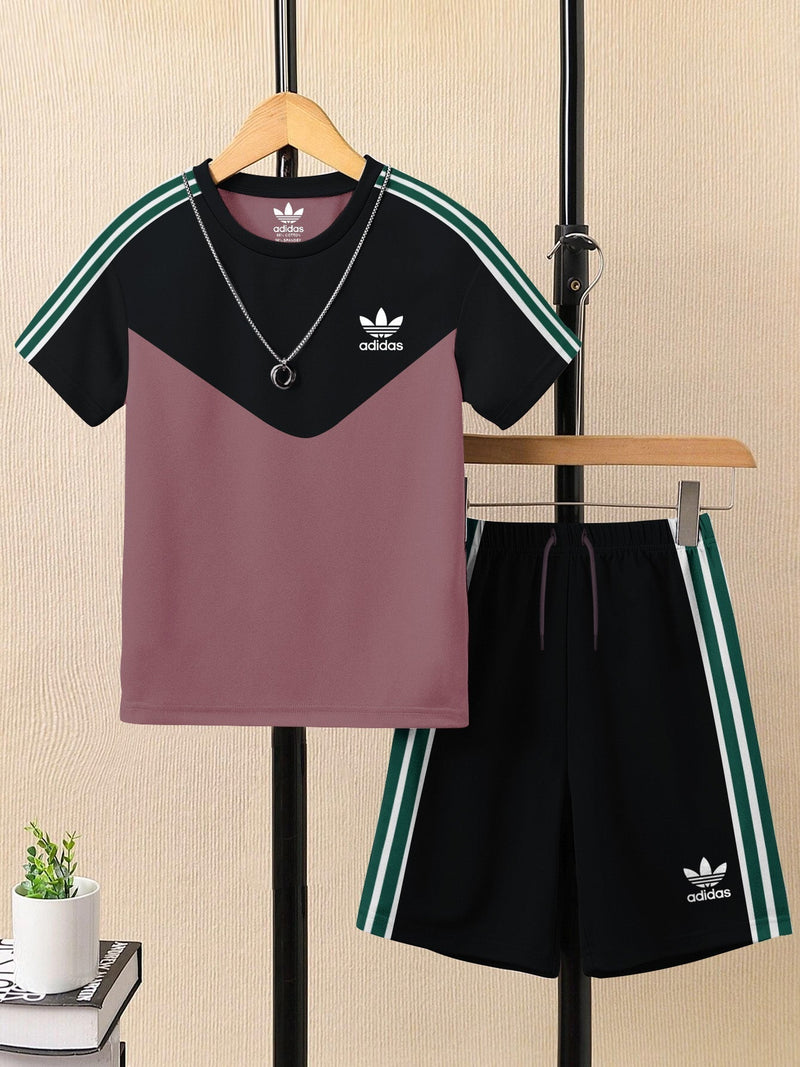 Ads Summer T Shirt & Short Suit For Kids-Tea Pink with Black & White, Green Stripe-BE3293/BR15731