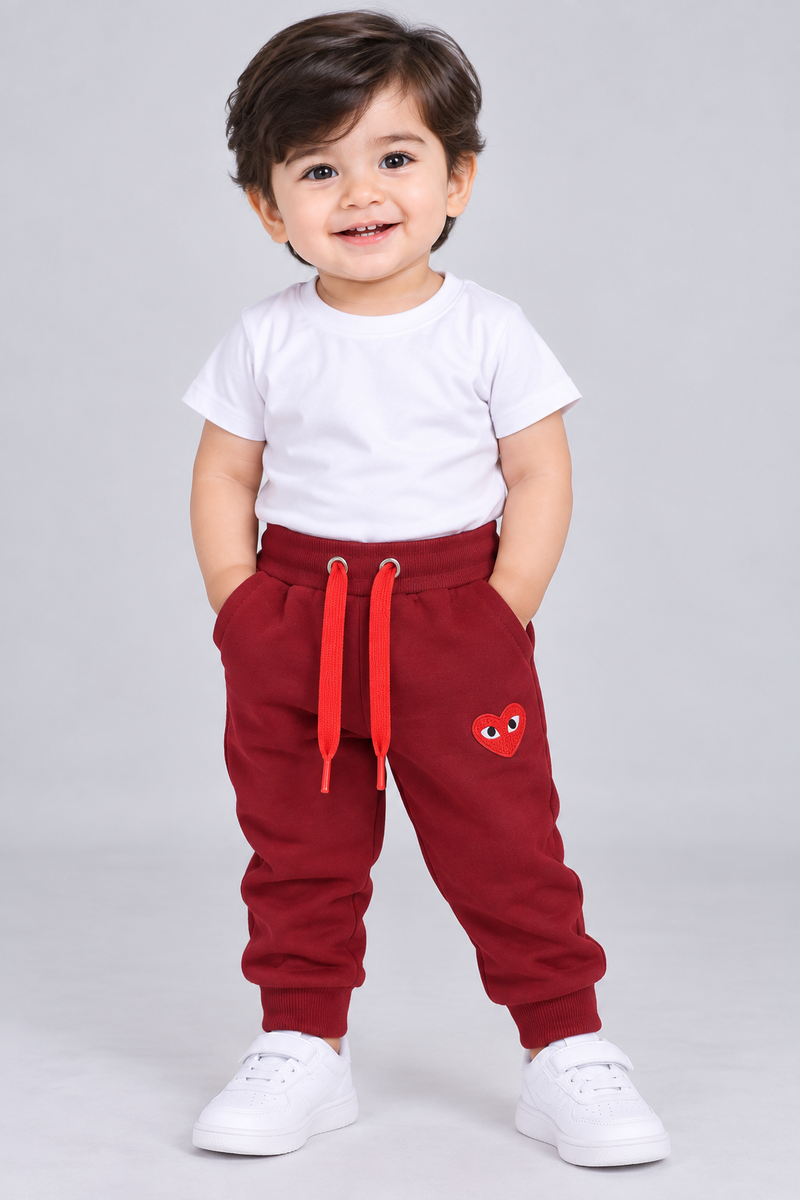 Baby Kids Heart Embroidered Jogger Trouser-Maroon Red-MU51