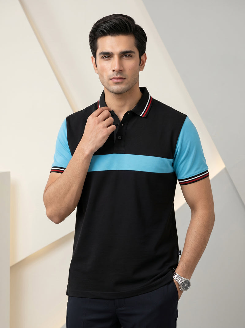 Summer Single Jersey Polo Shirt For Men-Black with Sky Panels-BR13938