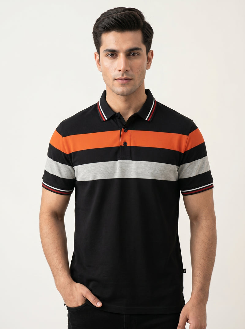 Summer Single Jersey Polo Shirt For Men-Black with Grey & Orange Panels-BR13931