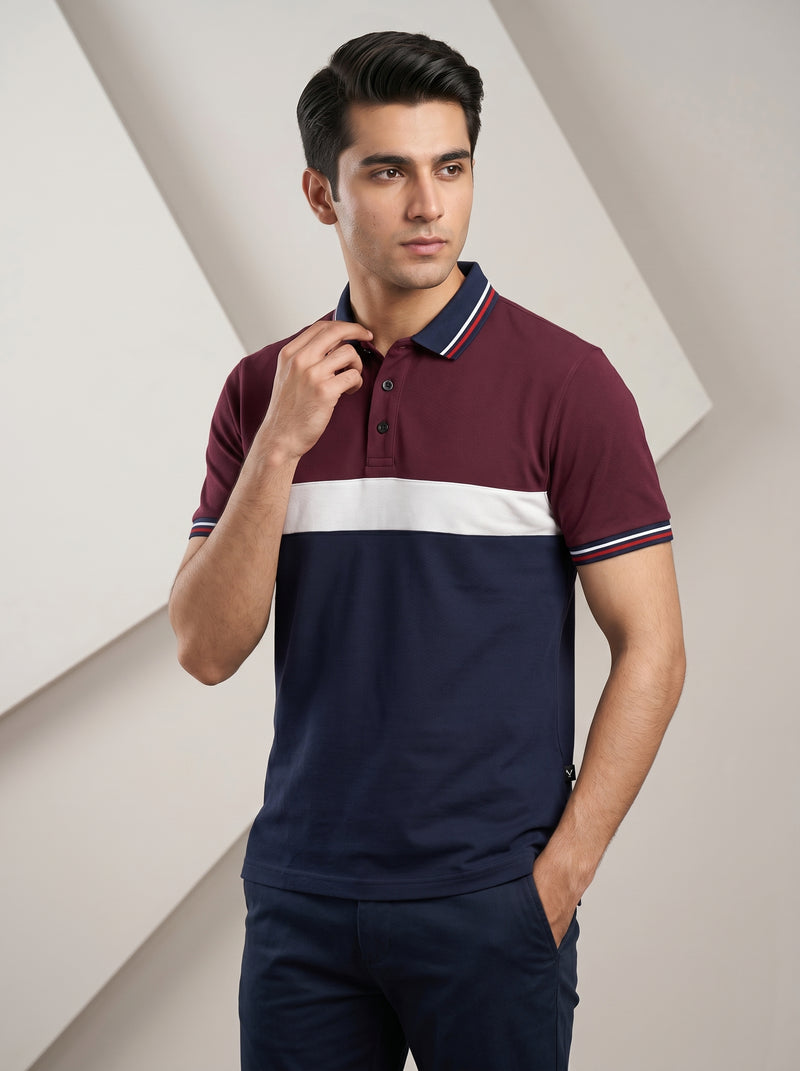 Summer Single Jersey Polo Shirt For Men-Maroon with White & Navy Panels-BR14011