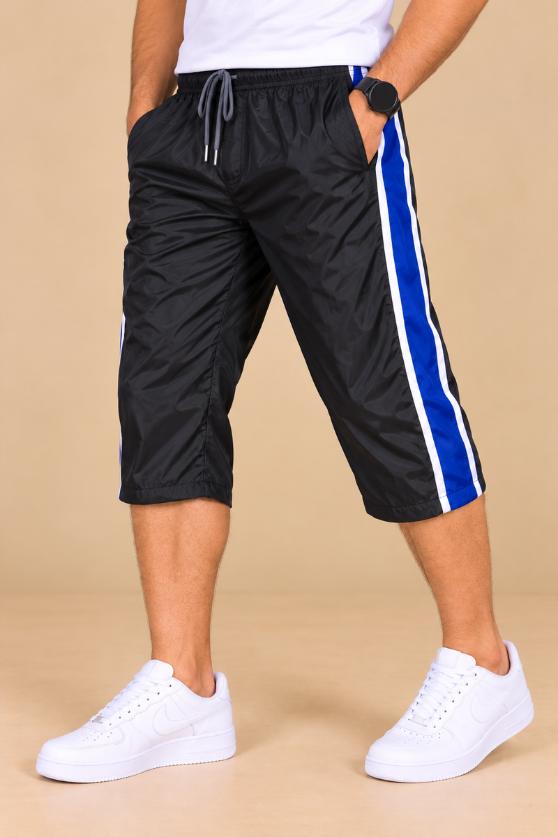Men’s Black Capri Track Shorts with Blue & White Side Stripes MU19