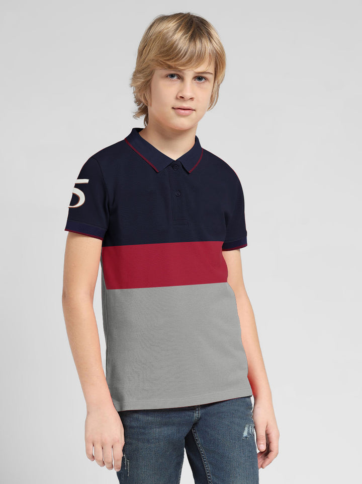 Champion Single Jersey Polo Shirt For Kids-Grey with Red & Navy Panels-BR13182