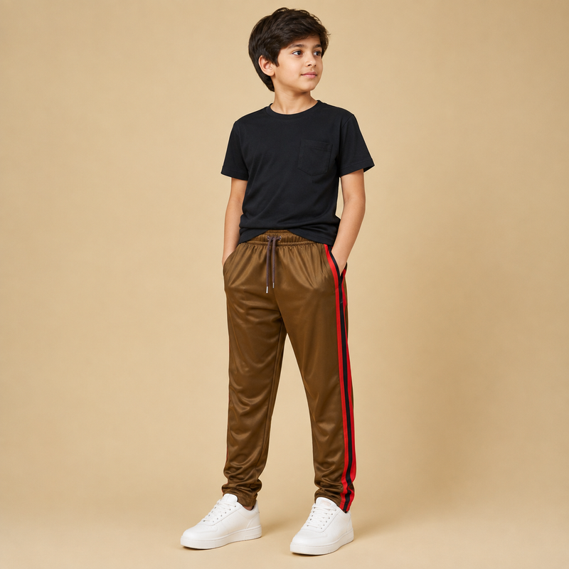Premium Kids Lycra Trousers Brown with Royal Blue Side Stripe p1