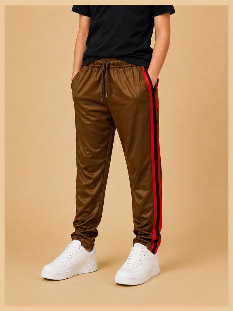 Premium Kids Lycra Trousers Brown with Royal Blue Side Stripe p1