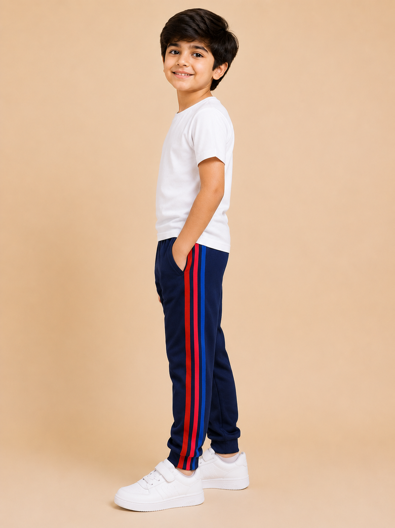 Premium Kids Lycra Trousers navy with Side panal Stripe p2