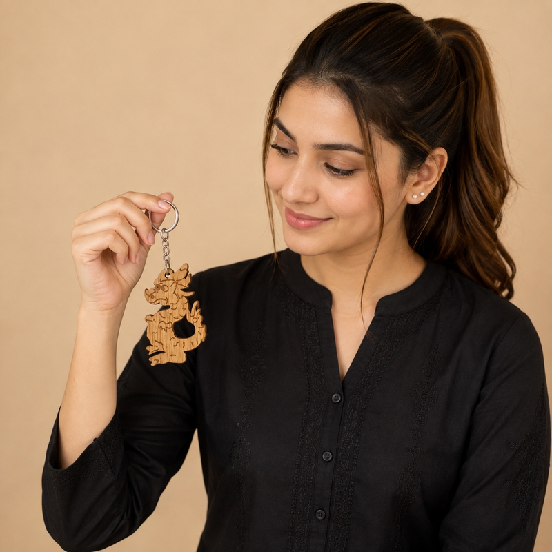 Eco-Friendly Wooden Dragon Keychain – Stylish Car & Home Key Ring  .
