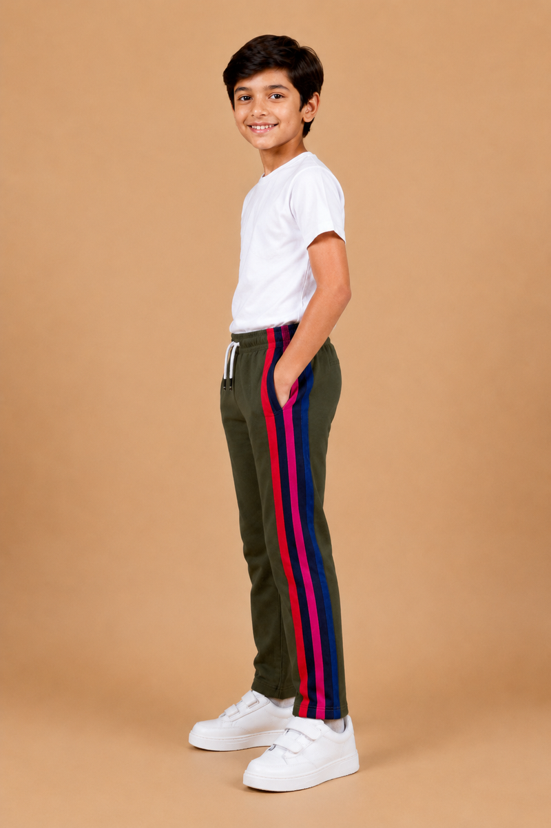 Premium Kids Lycra Trousers Dark Olive Green with  ,Side panal Stripe p7