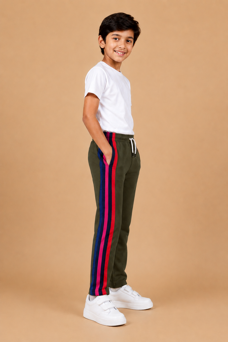 Premium Kids Lycra Trousers Dark Olive Green with  ,Side panal Stripe p7