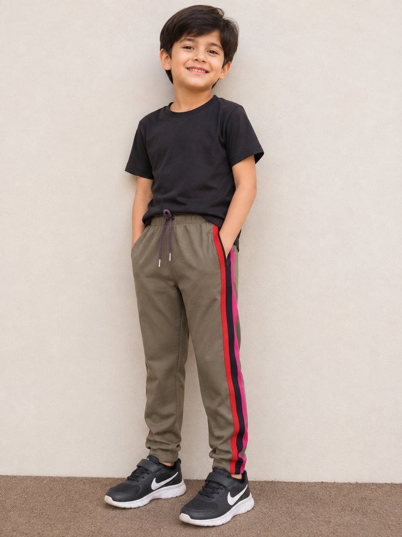 Premium Kids Lycra Trousers Olive Green with ,Side panal Stripe p6