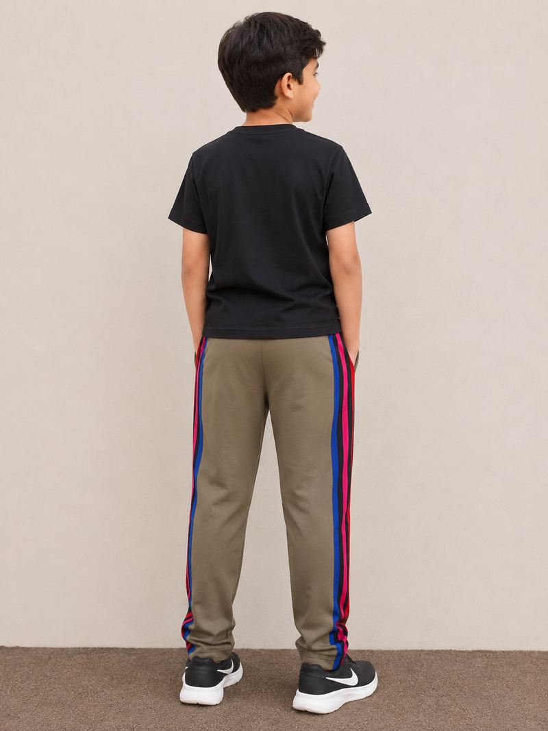 Premium Kids Lycra Trousers Olive Green with ,Side panal Stripe p6