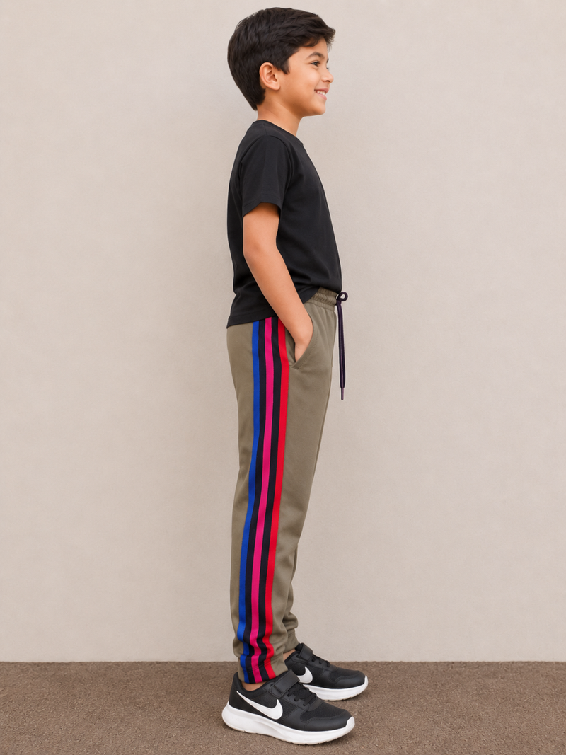 Premium Kids Lycra Trousers Olive Green with ,Side panal Stripe p6