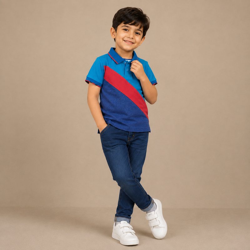 Kids Color Block Polo T-Shirt – Blue & Red - M01
