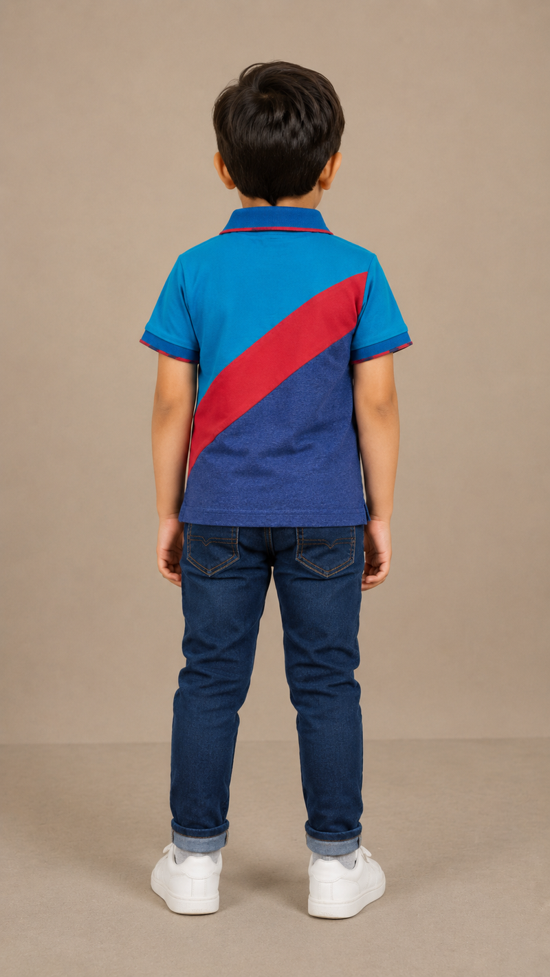 Kids Color Block Polo T-Shirt – Blue & Red - M01